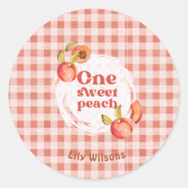 Pegatina Redonda One Sweet Peach First Birthday Rustic Gingham