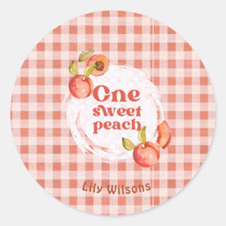 Pegatina Redonda One Sweet Peach First Birthday Rustic Gingham