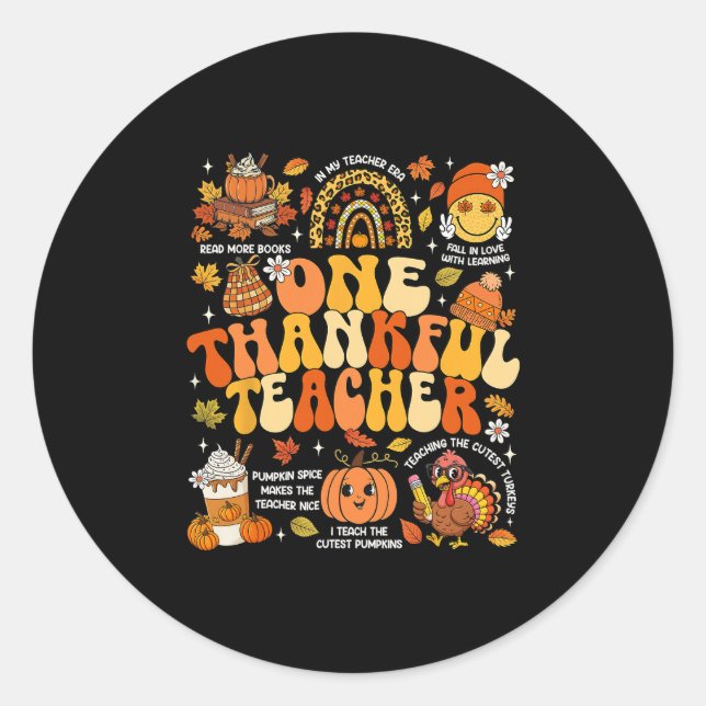 Pegatina Redonda One Thankful Teacher Thanksgiving Groovy Fall Autu (Anverso)
