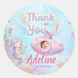 Pegatina Redonda ONEder the Sea Girl 1st Birthday Photo Thank You