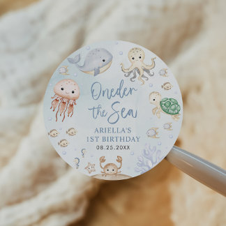 Pegatina Redonda Oneder The Sea Ocean Animals 1er cumpleaños
