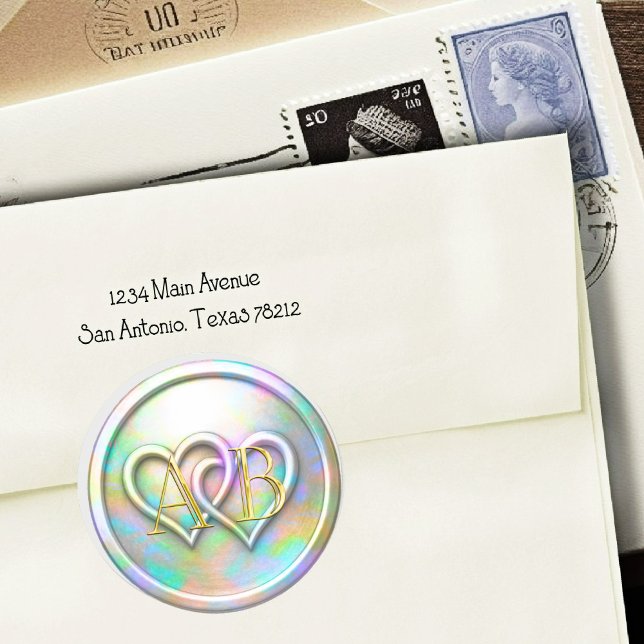 Pegatina Redonda Opalescent Gold Two Hearts Gold Monogram (Subido por el creador)