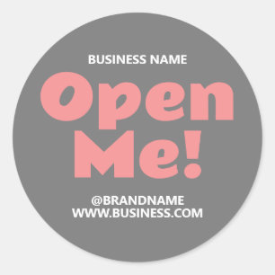 Pegatina Redonda OPEN ME Empresa Nombre Sitio Web Gris Rosa