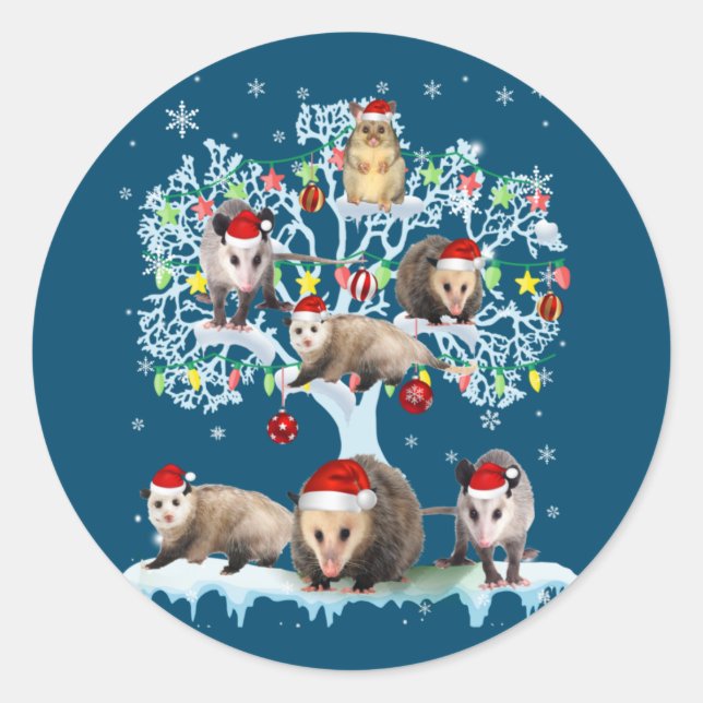 Pegatina Redonda Opossums On Christmas Tree Xmas Lights Santa Oposs (Anverso)