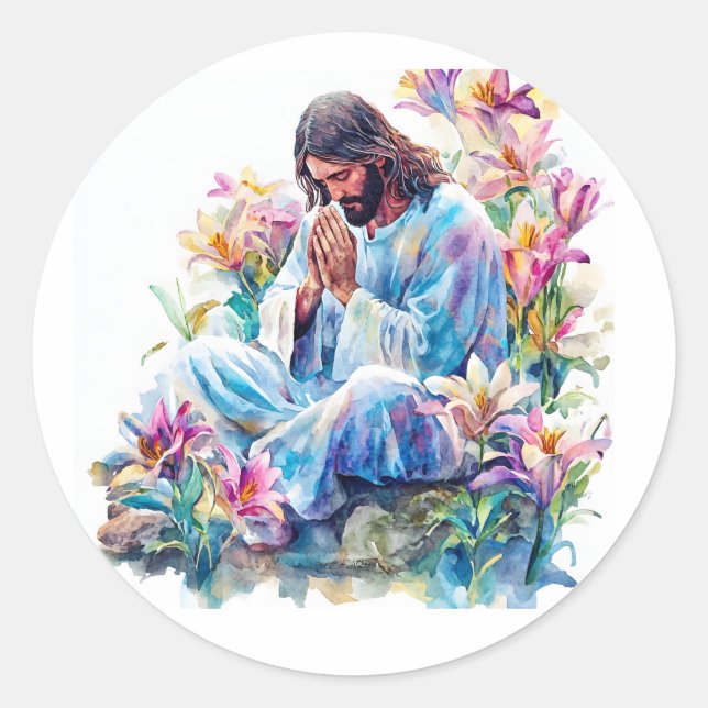 Pegatina Redonda Oración de Jesús Arte Religioso Católico Moderno (Anverso)