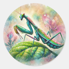 Pegatina Redonda Orando Mantis Sobre La Acuarela De Hojas