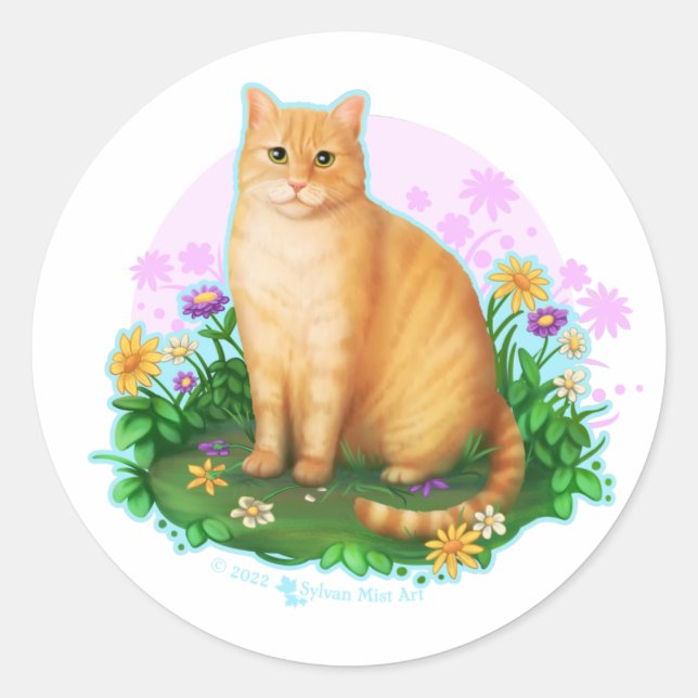 Pegatina Redonda Orange Cat in the Flower Patch Sticker (Anverso)