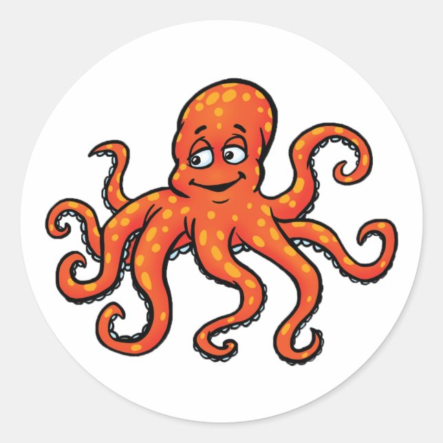 Pegatina Redonda Orange Octopus Cartoon Ocean Sea Creature (Anverso)