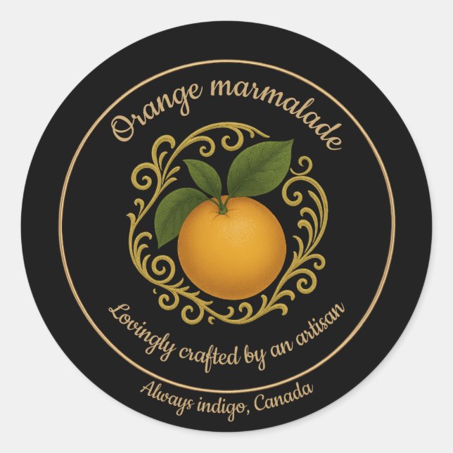 Pegatina Redonda Orange Radiance – Artisan Marmalade Label (Anverso)
