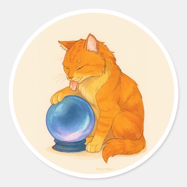 Pegatina Redonda Orange Tabby cat with blue crystal ball  (Anverso)