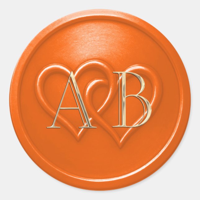 Pegatina Redonda Orange Two Hearts Intertwined Monogram Wedding (Anverso)