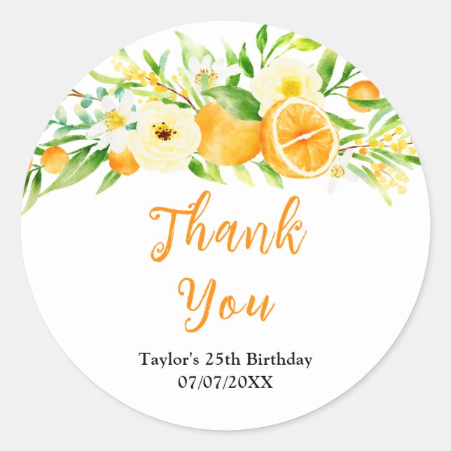 Pegatina Redonda Oranges Citrus Birthday Party Thank You (Anverso)