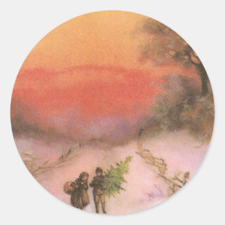 Pegatina Redonda Orangey Sunset sobre Snowley Lane Vintage Xmas