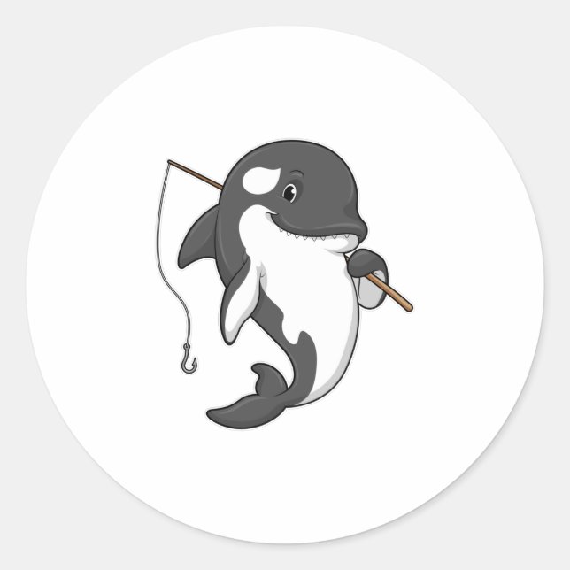 Pegatina Redonda Orca como pescador con barra de pesca (Anverso)