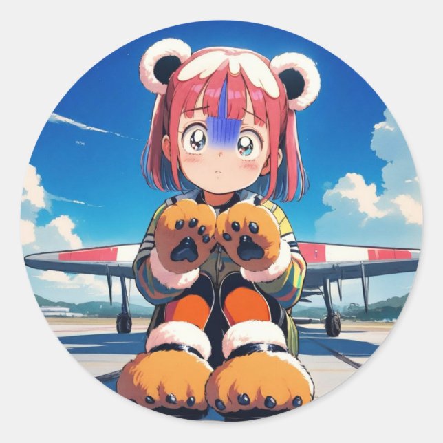 Pegatina Redonda Orejas de peluche en el Tarmac (Anverso)