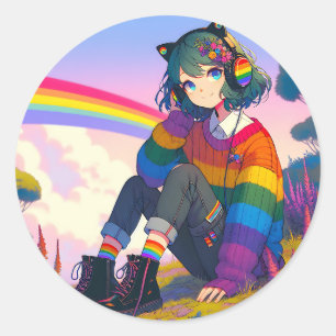 Pegatina Redonda Orgullo lésbico de Chica anime LGBTQIA+