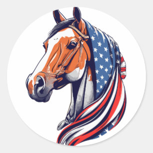 Pegatina Redonda Orgullo patriótico: cuarto caballo con bandera est