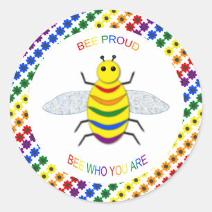 Pegatina Redonda Orgulloso arcoíris y flores de la comunidad LGBT