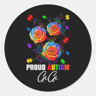 Pegatina Redonda Orgulloso Autismo Gigi Flores Rosas Y Rompe El Aut