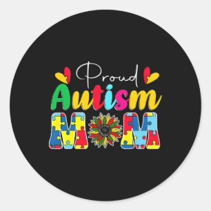 Pegatina Redonda Orgulloso Autismo Mamá Conciencia Girasol