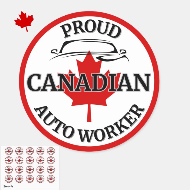 Pegatina Redonda Orgulloso trabajador canadiense de automóvil Maple (Show your Canadian Auto Worker pride with these patriotic maple leaf stickers. Elbows up, Canada.)