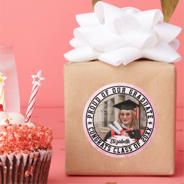 Pegatina Redonda Orgullosos de nuestro graduado Foto de graduación  (Fiesta)