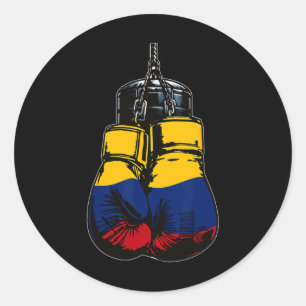 Pegatina Redonda Orgullosos guantes de boxeo con bandera de Colombi