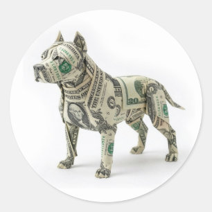Pegatina Redonda Origami de dinero perro Pitbull