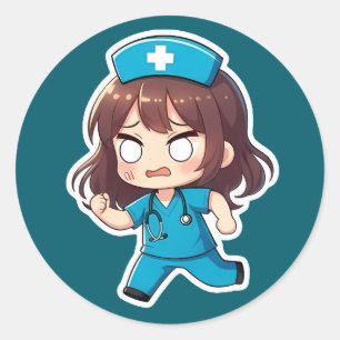 Pegatina Redonda Original Chibi Enfermera - El Turno Agitado