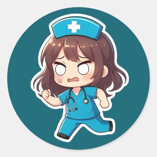 Pegatina Redonda Original Chibi Enfermera - El Turno Agitado (Anverso)