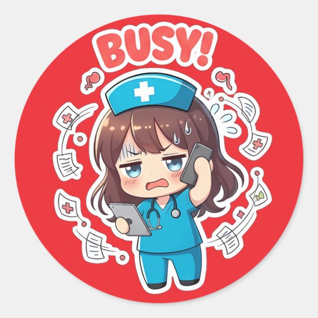 Pegatina Redonda Original Chibi Nurse 3.0 - Busy (Anverso)