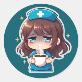 Pegatina Redonda Original Chibi Nurse - Coffee with Tired