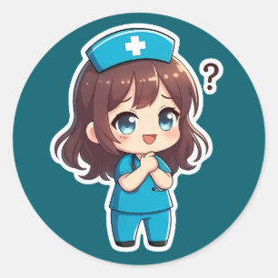 Pegatina Redonda Original Chibi Nurse - El Momento de la Pregunta