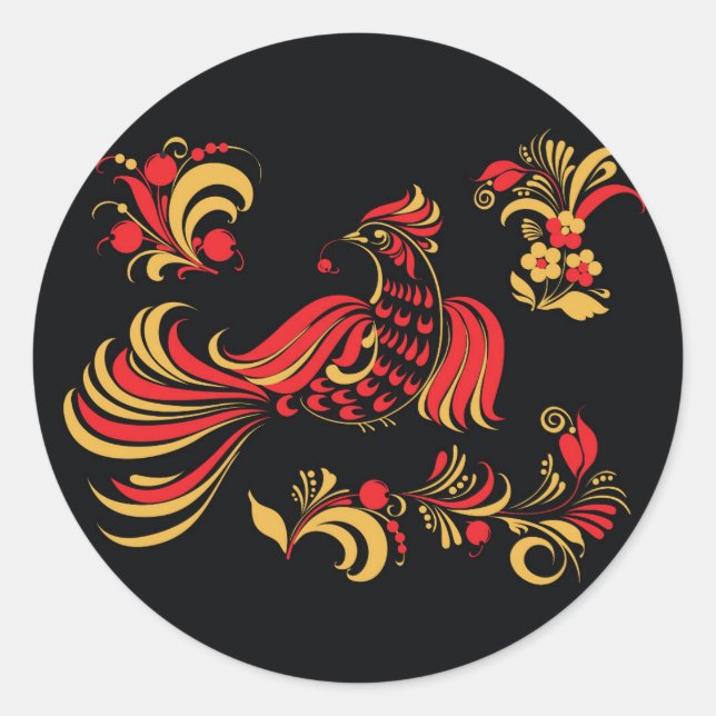 Pegatina Redonda Ornamento de aves nativas de rusia (Anverso)