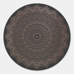 Pegatina Redonda Ornamento de Mandala rico en metal y Rosa negro