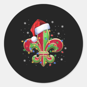 Pegatina Redonda Ornamento De Navidad De Fleur De Lis Con Santa Hat