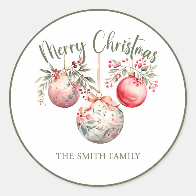 PEGATINA REDONDA ORNAMENTO DE NAVIDAD DE VINTAJE ROSA (Anverso)