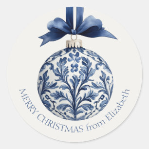 Pegatina Redonda Ornamento navideño chino azul y blanco de la Marin