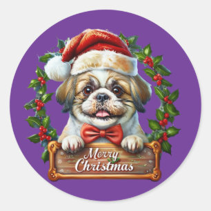 Pegatina Redonda Ornamento navideño de perro lindo - Feliz Navidad