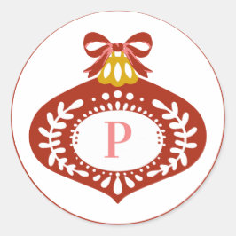 Pegatina Redonda Ornamento navideño rojo vintage | Monograma