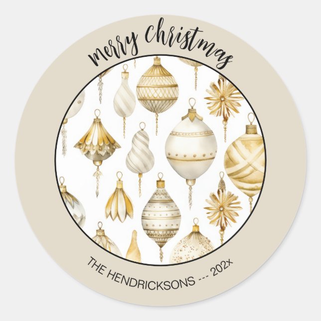 Pegatina Redonda Ornamentos dorados de Navidad (Anverso)
