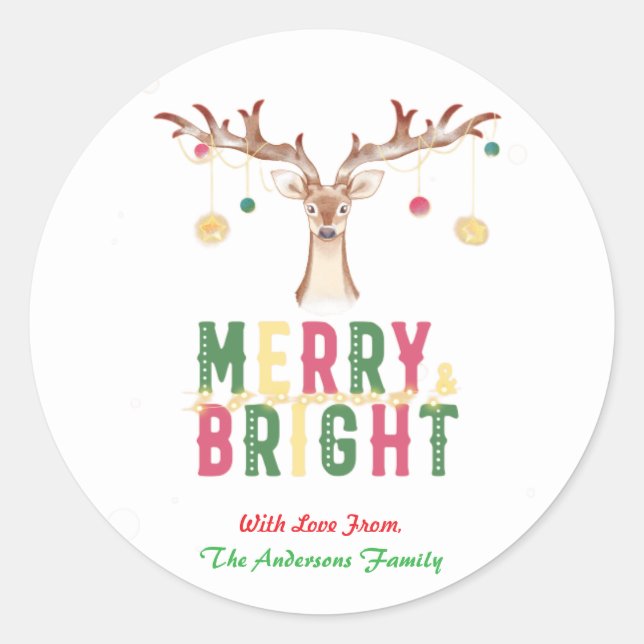 Pegatina Redonda Ornamentos navideños de moras y flores de reno lin (Anverso)