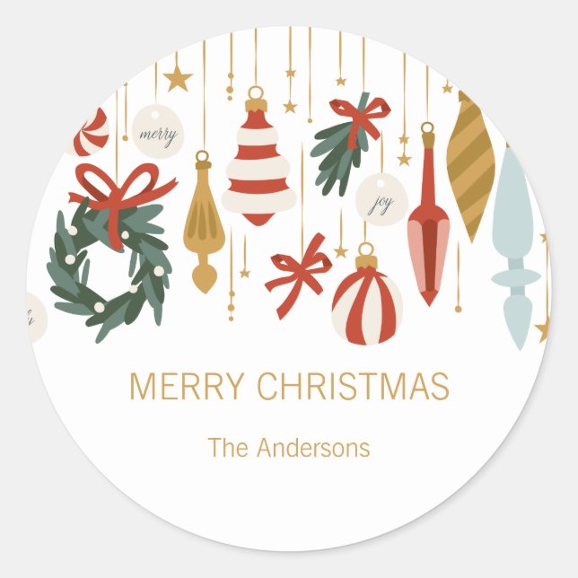 Pegatina Redonda Ornamentos navideños Feliz Navidad (Anverso)