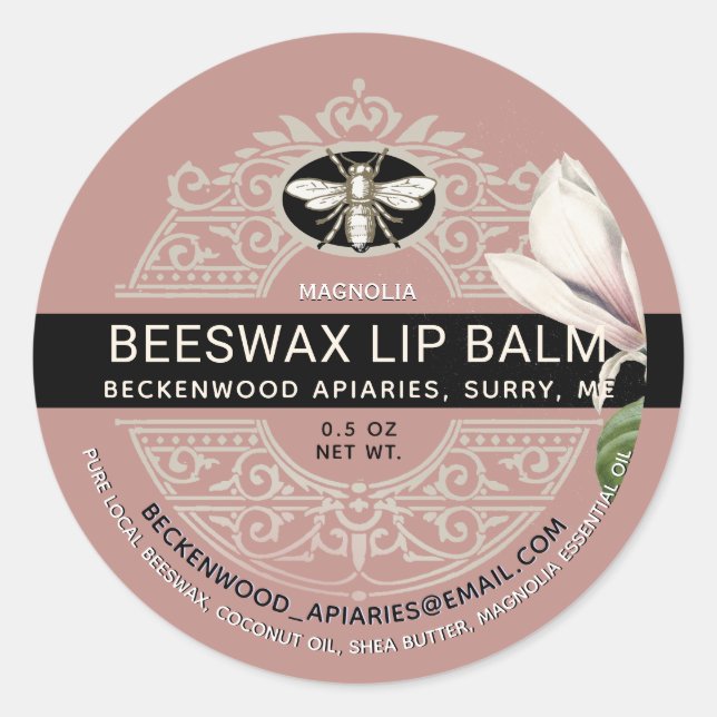 Pegatina Redonda Ornate Beeswax Lip Balm Heraldic Bee Magnolia (Anverso)