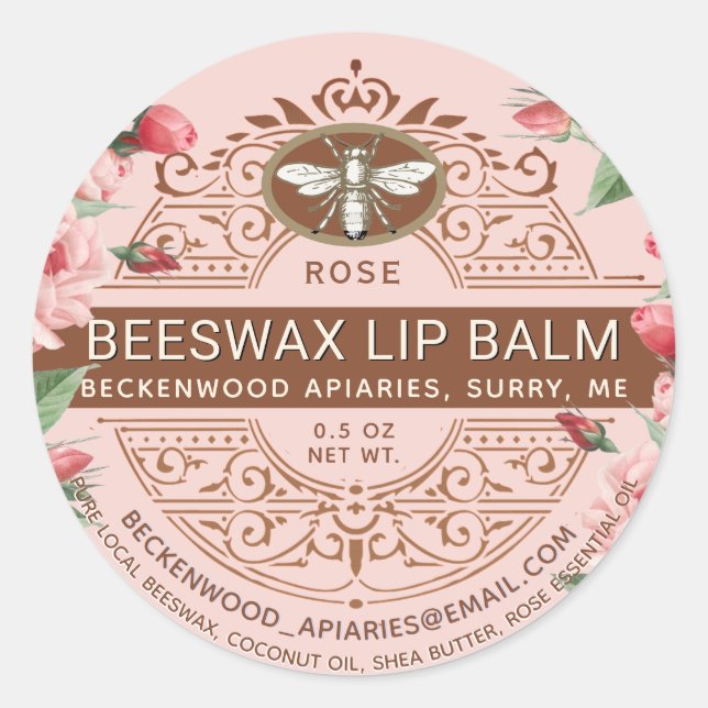 Pegatina Redonda Ornate Beeswax Lip Balm Heraldic Bee Rosa (Anverso)