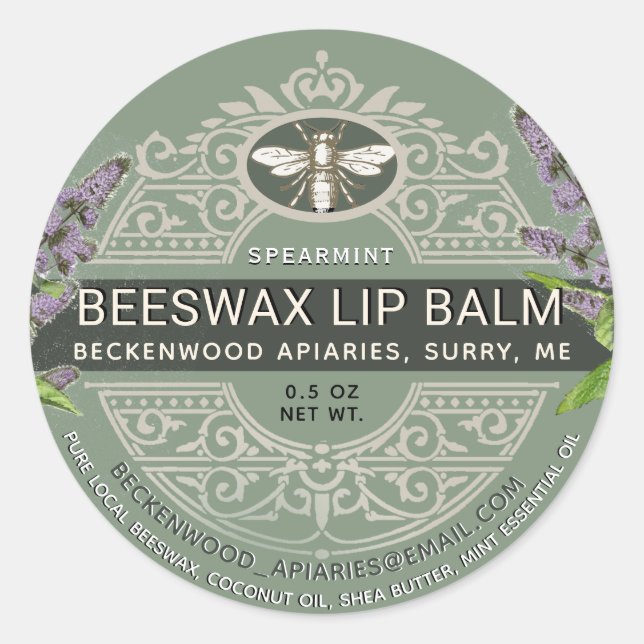 Pegatina Redonda Ornate Beeswax Lip Balm Heraldic Bee Spearmint (Anverso)