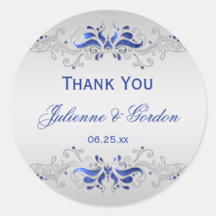 Pegatina Redonda Ornate Blue and Silver Swirls Favor de la boda red