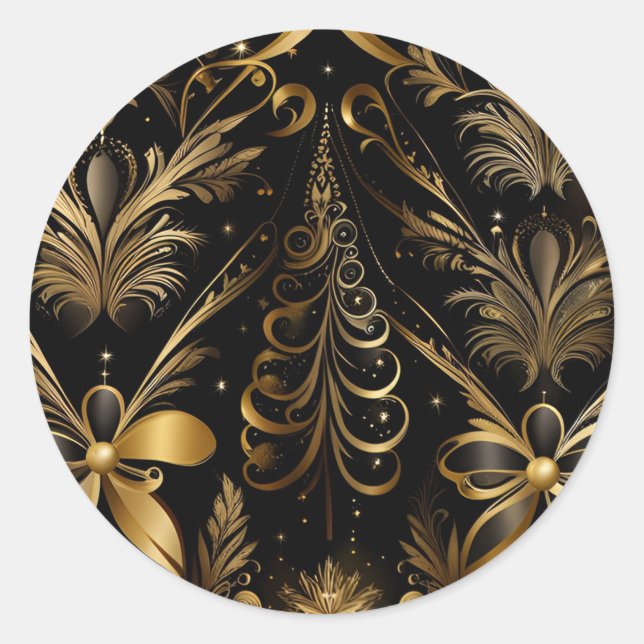 Pegatina Redonda Ornate Holiday Black And Gold (Anverso)