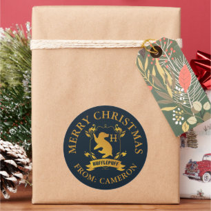 Pegatina Redonda Ornate HUFFLEPUFF™ House Escudo   Feliz Navidad
