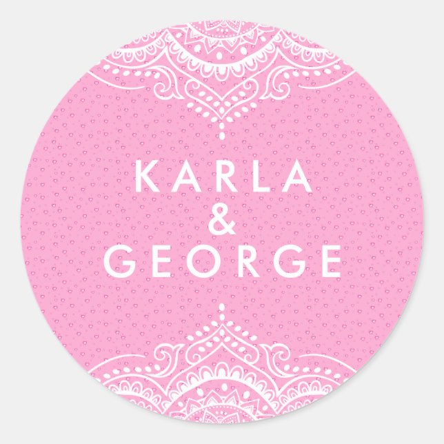 Pegatina Redonda Ornate White Lace y Pink Hearts Pattern (Anverso)